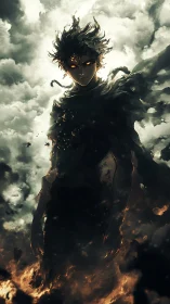 Stormlit shadow hero rising from swirling fire and cloud.