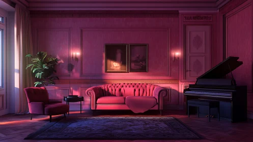 Sunlit pink salon with velvet sofa and grand piano.
