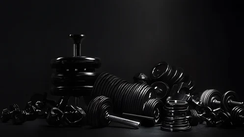 Black metal dumbbells and weight plates on dark surface.