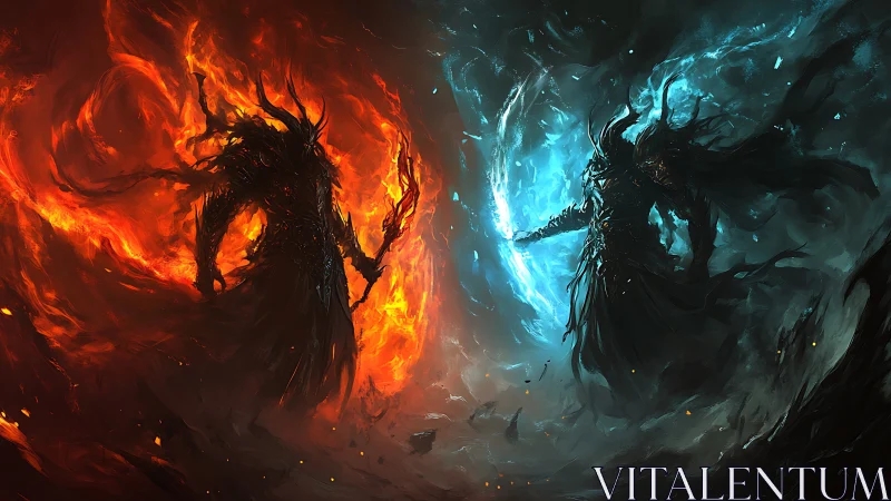 Elemental warlords in symmetrical fire and ice confrontation.