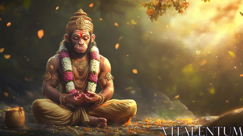 Hanuman meditates in golden forest light, petals swirling gently.