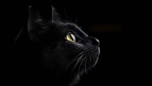 Black cat profile with golden eyes against dark background