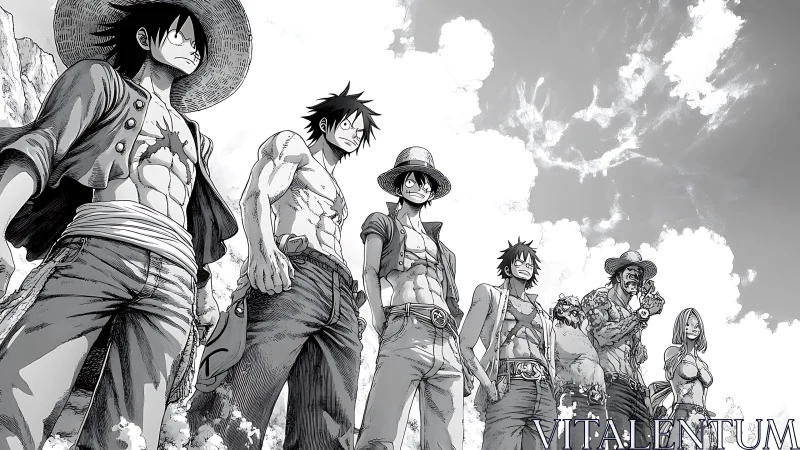 Straw hat pirates stand united under dramatic clouded sky.