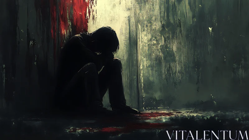 Shadowed loner curled beneath bleeding city light.