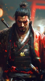 Battle-worn samurai stands steady in glowing embers of war