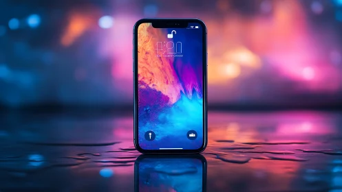 Neon-soaked smartphone altar in a dreamy liquid lightscape.