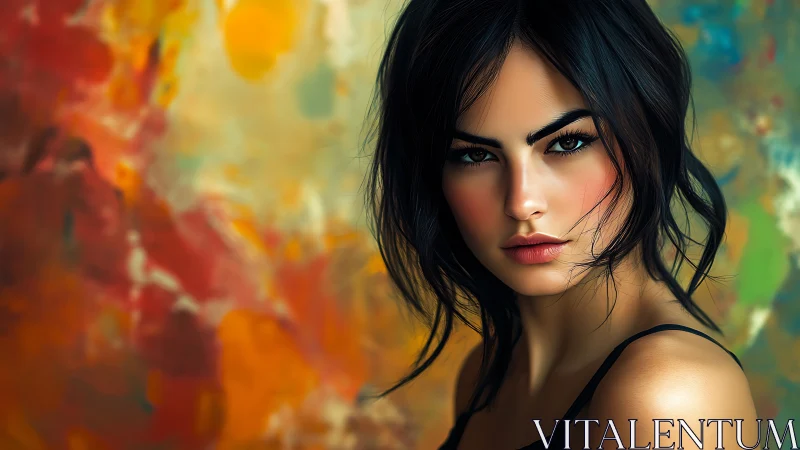 Digital portrait of woman against abstract chromatic bokeh field