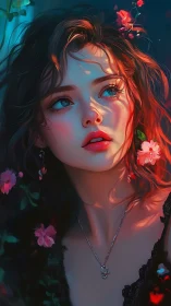 Romantic portrait of a floral-adorned woman in cinematic light