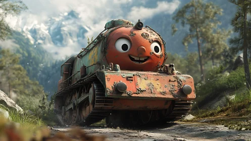 Smiling cartoon tank rolls through sunlit alpine forest path