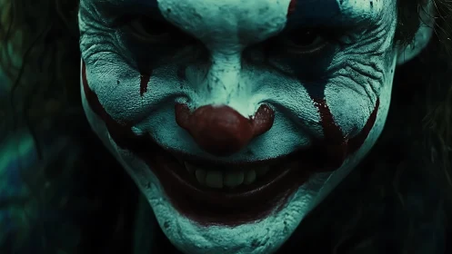 Sinister clown portrait in extreme close-up low key lighting