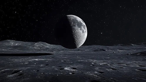 Lunar horizon under crescent Earthlight with cratered foreground.