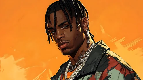 Digital portrait of stylish man with braids on orange backdrop