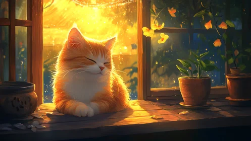 Golden hour sunlight hugs a sleepy cat on a warm windowsill