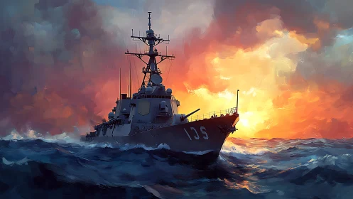 Warship chasing sunrise across storm-softened open seas.