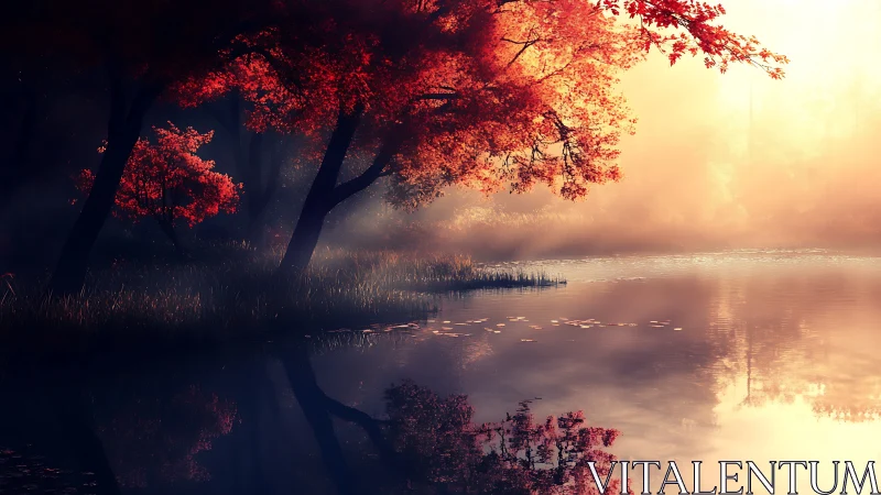 Crimson autumn trees glow softly beside a misty still lake