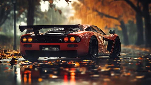 Rear view of red sports car on wet autumn roadway.