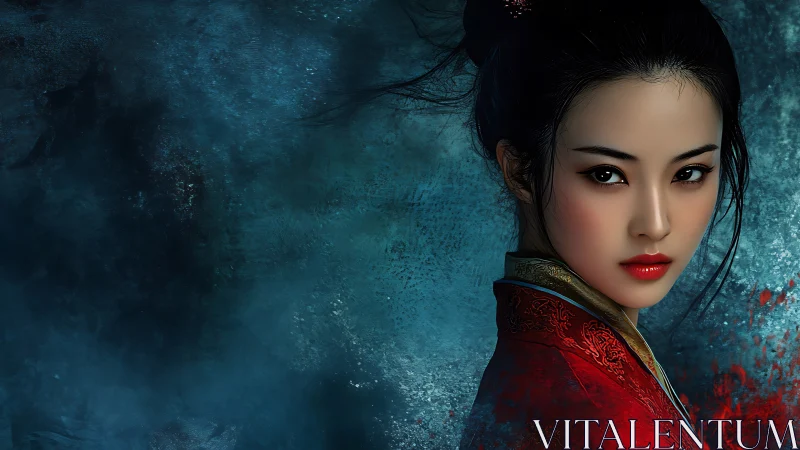 Portrait of woman in red robe against textured blue backdrop.