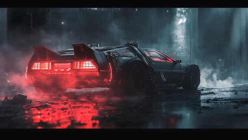 Futuristic sports car in rain with red neon rear lights.