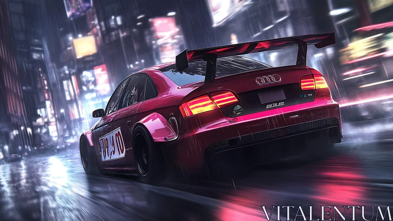 Widebody Audi race car in neon-lit rainy urban night drift