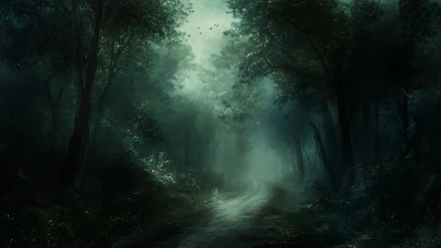 Misty Forest Road Through Dense Vegetation