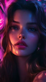 Neon rim-lit portrait renders hyper-detailed skin, lips and hair