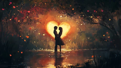 Silhouetted Couple Beneath Glowing Heart-Shaped Light Formation.