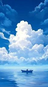 Small fishing boat under dense cumulus clouds over water.