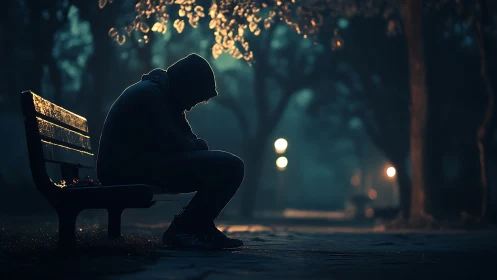 Hooded figure sits alone on wet bench under moody lights.