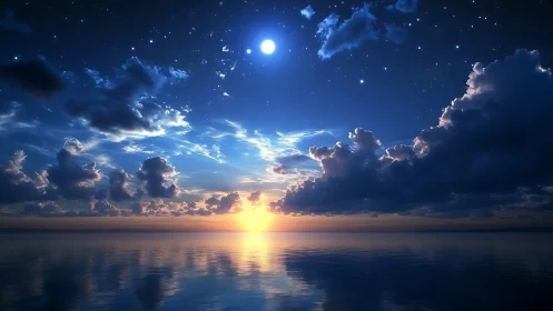 Twilight sky over calm ocean with clouds and reflections.