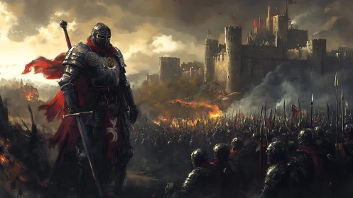 Armored warlord commands siege before burning fortress.