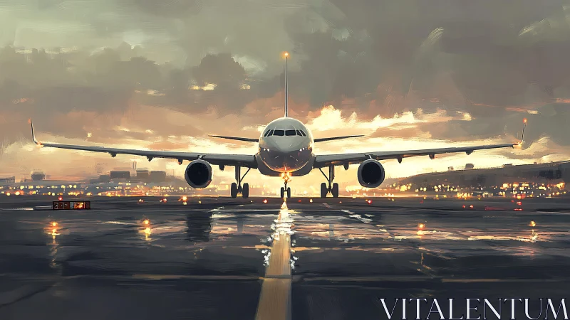 Sunlit jetliner taxiing down wet runway at dusk.