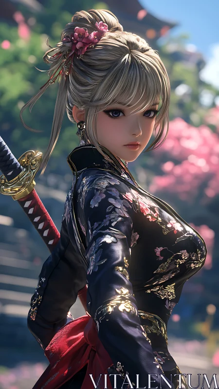 Samurai woman in ornate kimono holding sheathed katana