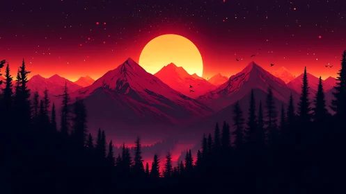 Crimson sun descends behind stylized mountain wilderness