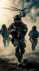 Armored soldiers advance under helicopter in smoky battlefield