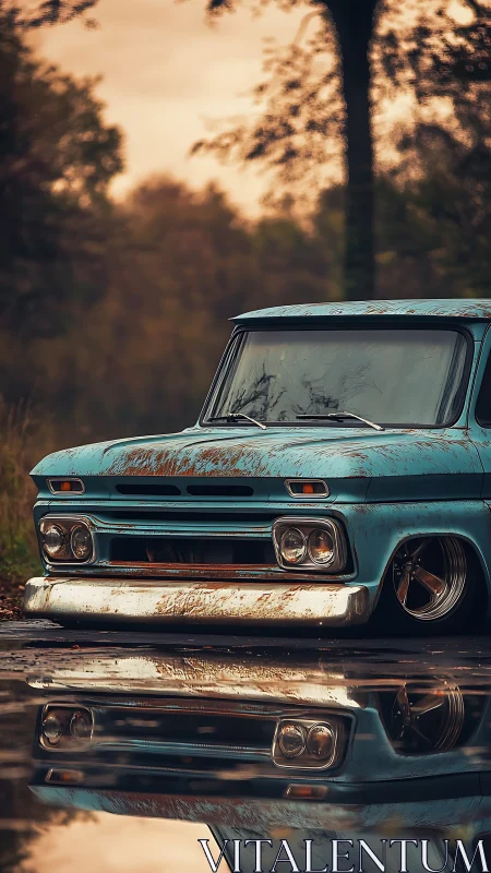 Rust kissed blue truck dreaming by a mirror still puddle.