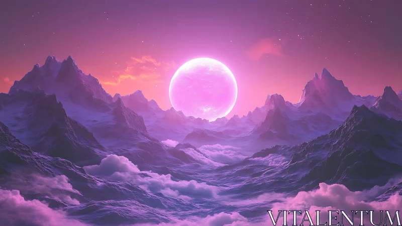 Luminescent pink moon backlights jagged alien mountain range