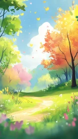 Seasonal Path Through Vibrant Forest Landscape.