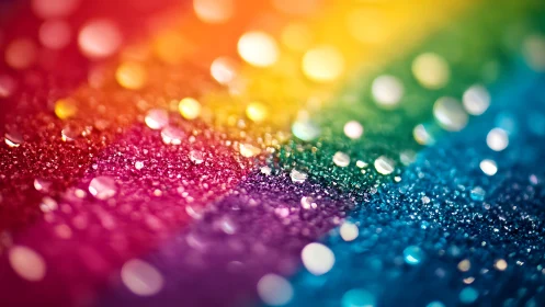 Rainbow glitter sparkles under soft bokeh lights in macro view.