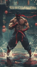 Rain lashes the street as a scarlet warrior steadies resolve