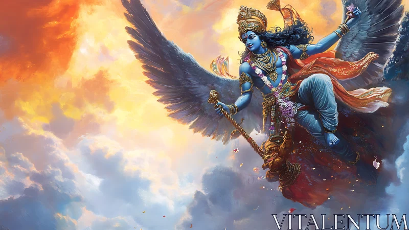 Winged blue deity soaring through radiant storm clouds.