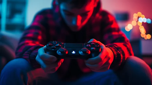 Person holds game controller in low light indoor environment
