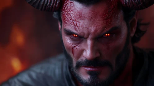 Demonic warrior&rsquo;s burning gaze cuts through infernal gloom