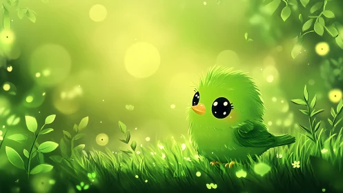 Cute Fluffy Green Bird in Lush Cartoon Forest, Soft Glow Art.