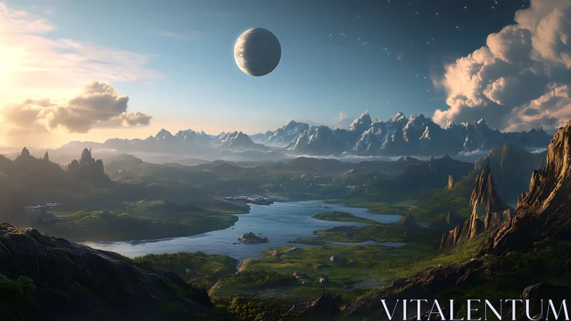 Distant planet appears above expansive rendered mountain valley