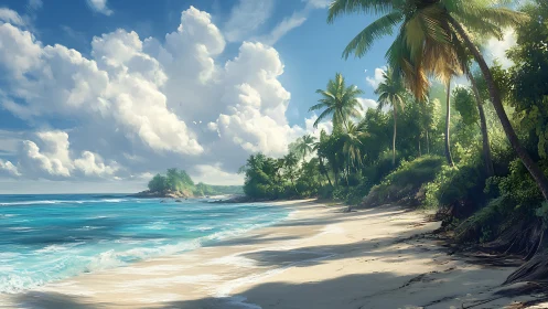 Tropical Coastal Landscape with Palm-Lined Sandy Beach and Turquoise Waters