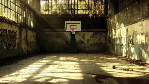 Sunlit abandoned gym holds solitary basketball hoop and ball