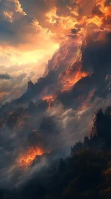 Volcanic Mountain Eruption at Sunset.