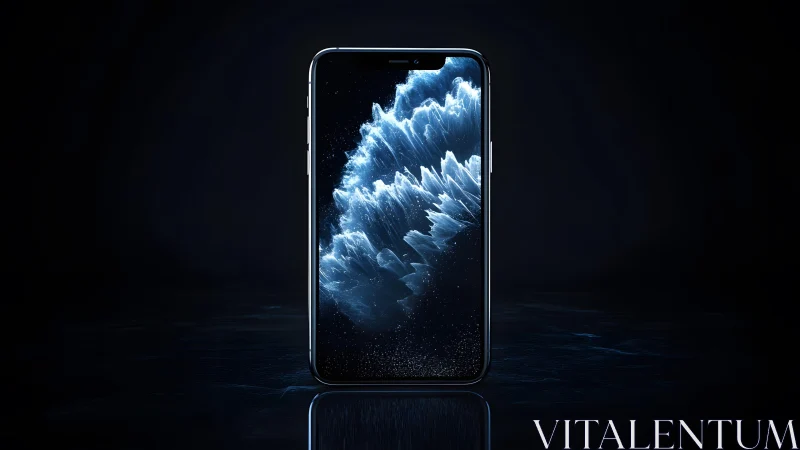 Modern smartphone with abstract blue display on dark background.
