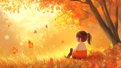 Child sits under autumn tree in warm backlit scene