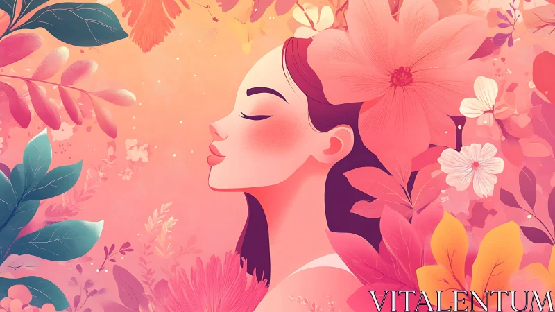 Serene Woman Surrounded by Vibrant Flowers, Digital Art Style.